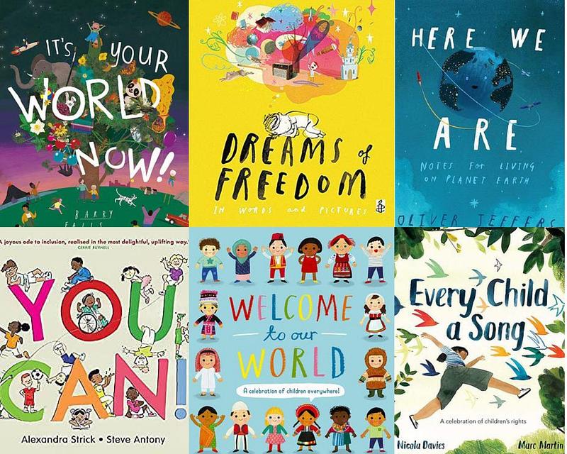 Collage of book covers including 'It's Your World Now', 'Dreams of Freedom', 'Here We Are', 'You Can!', 'Welcome To Our World', 'Every Child A Song' 